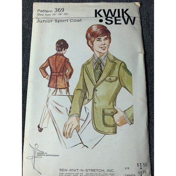 Kwik Sew Boys Junior Sport Coat Sewing Pattern Chest sz 26-30 369 - uncut - Picture 10 of 10